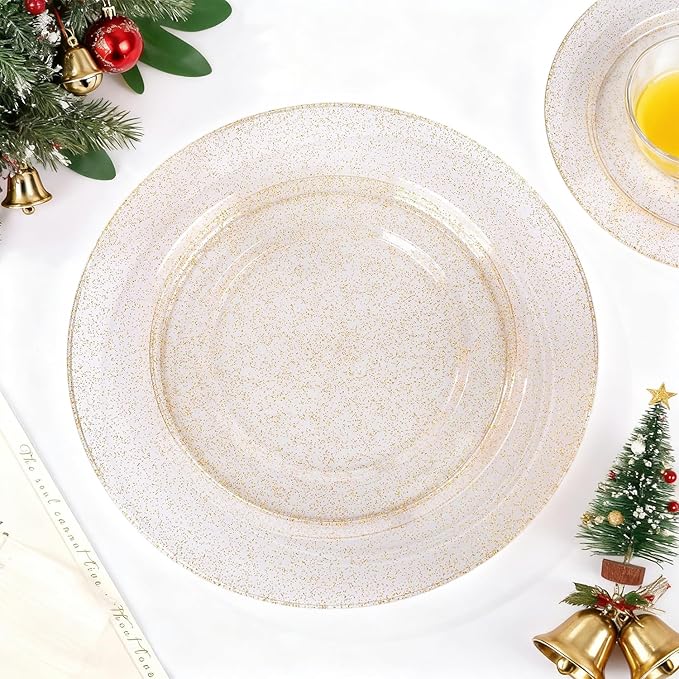 WDF 200PCS Gold Plastic Plates - Gold Glitter Plastic Plates - Heavy Duty Gold Glitter Disposable Plates - Include 100 Dinner Plates 10" and 100 Dessert Plate 7" for Thanksgiving Parties/Wedding