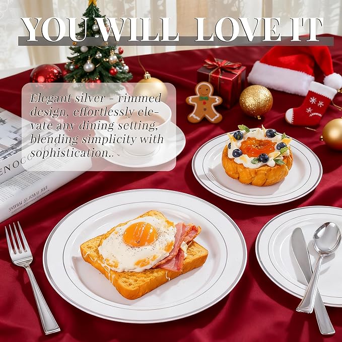 WDF 60PCS Silver Plastic Plates Disposable - Silver Plates Include 30 PCS 10.25inch Dinner Plates and 30PCS 7.5inch Salad Plates for Wedding & Party Christmas