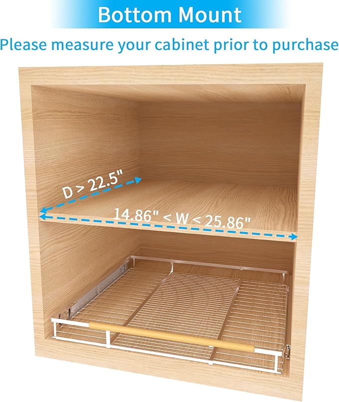 Expandable Pull Out Drawer Cabinet Organizer, Adjustable Width Bottom-Mounted Slide Out Storage Shelves for Cabinets, Required Cabinet Size (14.86"~25.86", D≥22.5"), 2 Pack