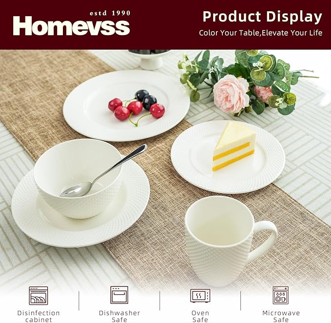 HomeVss, New Bone China Dinnerware Set, Embossed Diamond Design, 18pc Set
