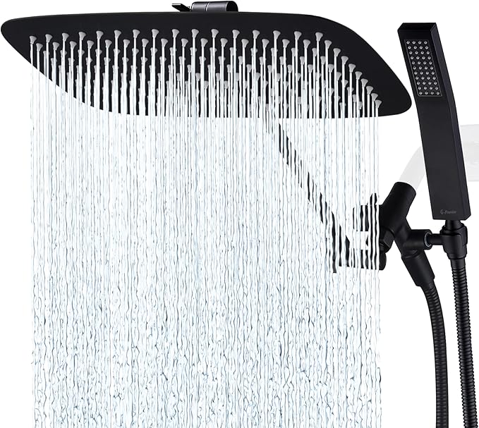 G-Promise All Metal 16 Inch Dual Square Shower Head with Handheld Spray Combo, Rain Shower Head, Adjustable Extension Arm, 3-Way Diverter, 71 Inch Extra Long Hose - A Bathroom Upgrade (Matte Black)
