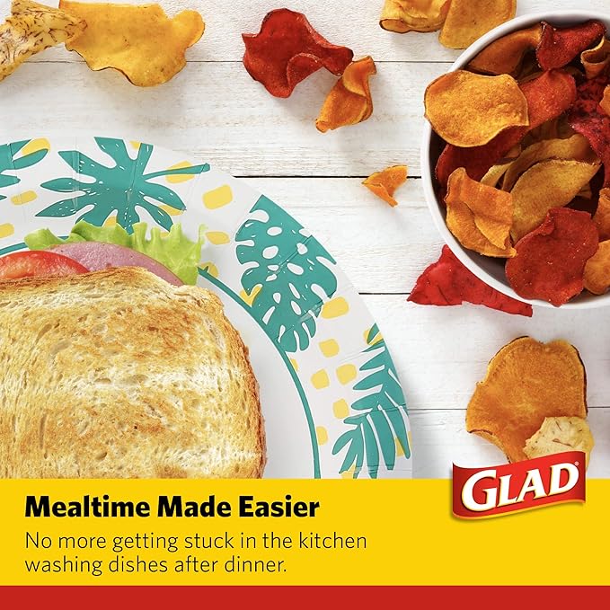 Glad Round Disposable Paper Plates, Palm Leaves Pattern - Strong, Sturdy, Soak Proof, and Microwavable Decorative Plates for Dinner and Everyday Use, 10 Inch, 50 Count