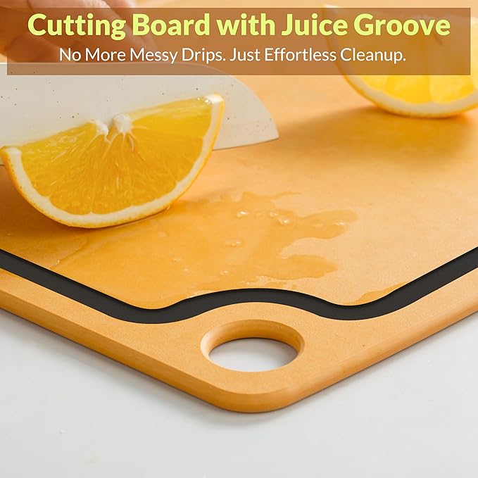 Cutting Board for Kitchen, 17.3x12.8Inch Wood Fiber Composite Cutting Board with Juice Groove and Non-slip Feet, Dishwasher Safe, Knife-Friendly Chopping Board for Meat, Bread, Fruit, Wooden/Black