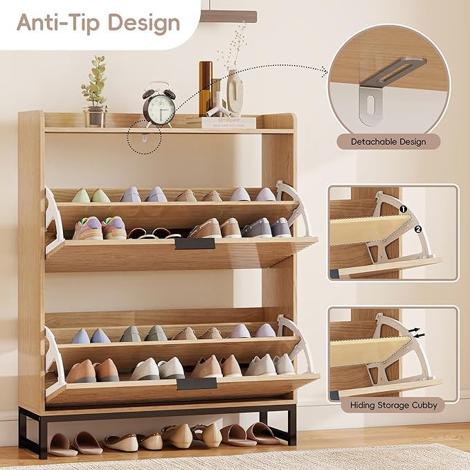 Shoe Cabinet Storage with 2 Flip Drawers for Entryway, Oak Wooden Slim Shoe Organizer with Adjustable Shelf, Freestanding Hidden Narrow Shoe Rack Cabinet for Hallway
