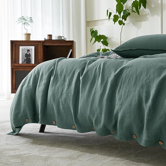 EVERLY 100% Pure Linen Duvet Cover Set Queen Size90X90Inch 3pcs (1 Duvet Cover,2 Pillowcases) Soft and Breathable for All Season with Coconut Button Closure, Suitable for Hot Sleepers-Aqua-Queen
