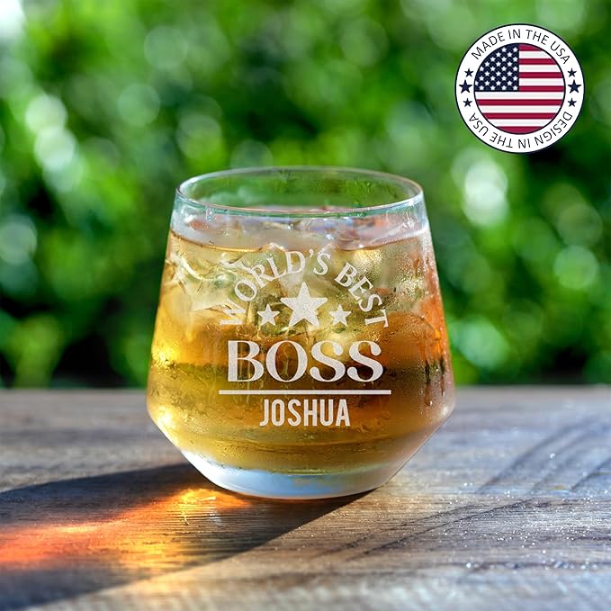 Personalized Boss Gifts for Men, Custom Whiskey Glass with Engraved Name, Birthday Farewell Retirement Christmas Boss Day Gift for Coworkers Staff Leader Office Decor