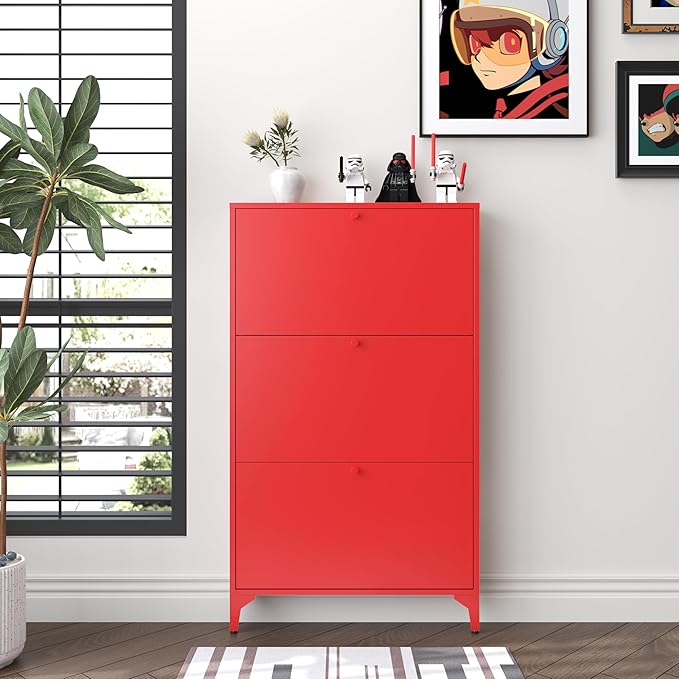 Shoe Cabinet with 3 Flip Drawers, Narrow Shoe Storage Cabinet, Farmhouse Shoe Organizer, Freestanding Organizer with Metal Legs for Entryway, Foyer (3 Door, Red)
