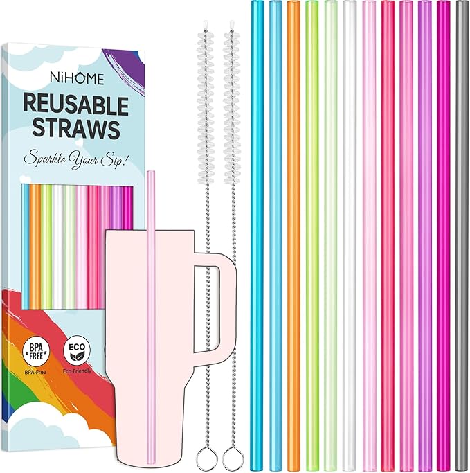 NiHome 12-Pack Plastic Reusable Drinking Straws for Stanley 40 oz 30oz 64 oz Tumbler, 12 Colors 12 In Reusable Straws Fit for Stanley Cups w/ 2 Brushes, BPA-Free for Cold & Hot Beverages (12 Colors)