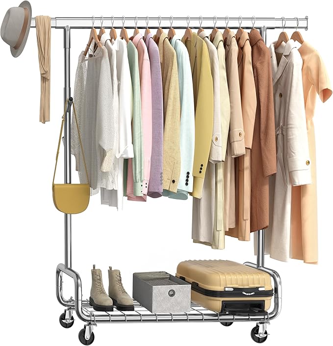 SONGMICS Clothes Rack, Heavy-Duty Rolling Clothing Garment Rack with Wheels, Extendable Hanging Rod and Adjustable Height, Portable, with Shelf and Hooks, Silver UHSR014E01