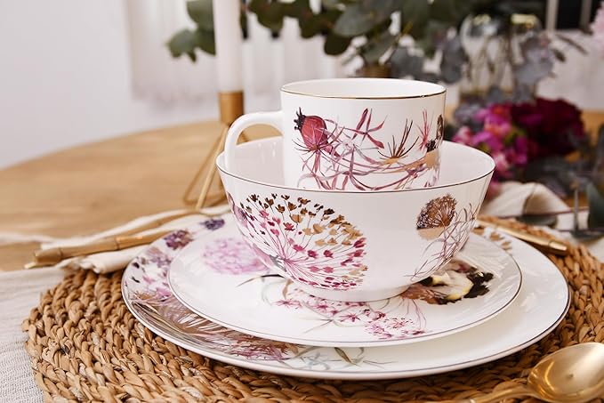 Purple Plates and Bowls Sets Dishes Set for 4, Ceramic Plates and Bowls Set, Service for 4, Bone China Dinnerware Set Salad Dessert Plates, and Cereal Bowls Set, Microwave safe by KOKEN