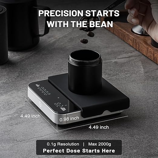 KitchenTour CaféMetric Coffee Scale with timer 0.1g/2000g - Precision Scale for Espresso & Pour over - Water flow Speed Mode and Coffee powder-to-liquid ratio Mode - Rechargeable, LED Display - Silver