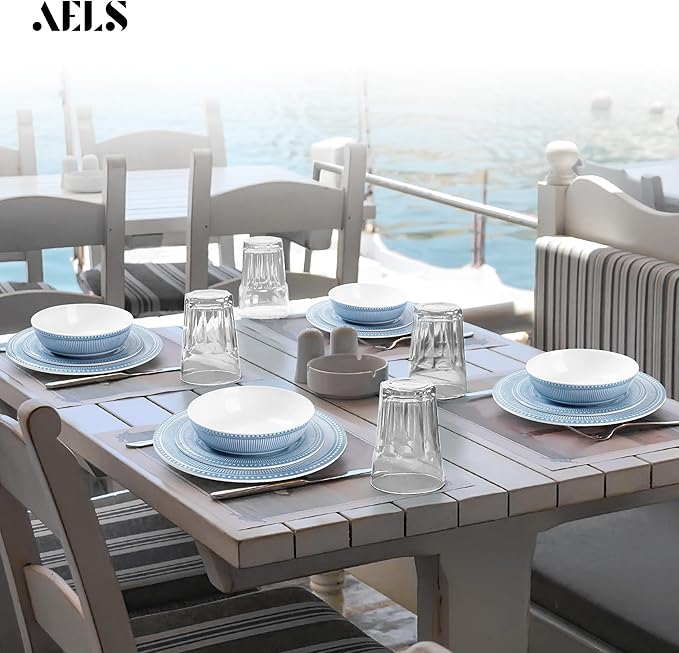 AELS Melamine Dinnerware Set of 12 Pcs, Dinner Dishes Set for Indoor and Outdoor Use, Melamine Plates and Bowls Set for 4, Dishwasher Safe, Lightweight Unbreakable, BPA Free, Blue