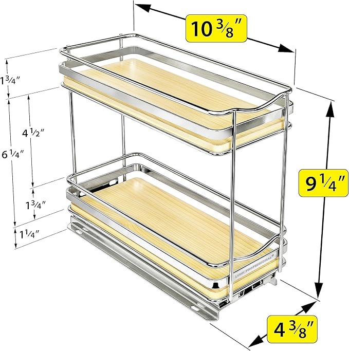LYNK PROFESSIONAL® Élite™ Pull Out Spice Rack Organizer for Inside Kitchen Cabinets - 4-3/8 inch Wide - Slide Out Drawer – Wood/Chrome Sliding Spice Cabinet Organization Shelf Racks - 2 Tier