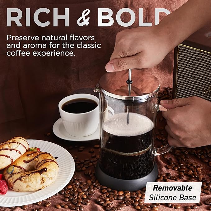Elite Gourmet FP1223 1 Liter French Press Coffee Maker, Double Wall Insulated Borosilicate Glass Carafe, Dishwasher Safe Stainless Steel Filter/Plunger Assembly, Removable Silicone Base, Easy to Clean