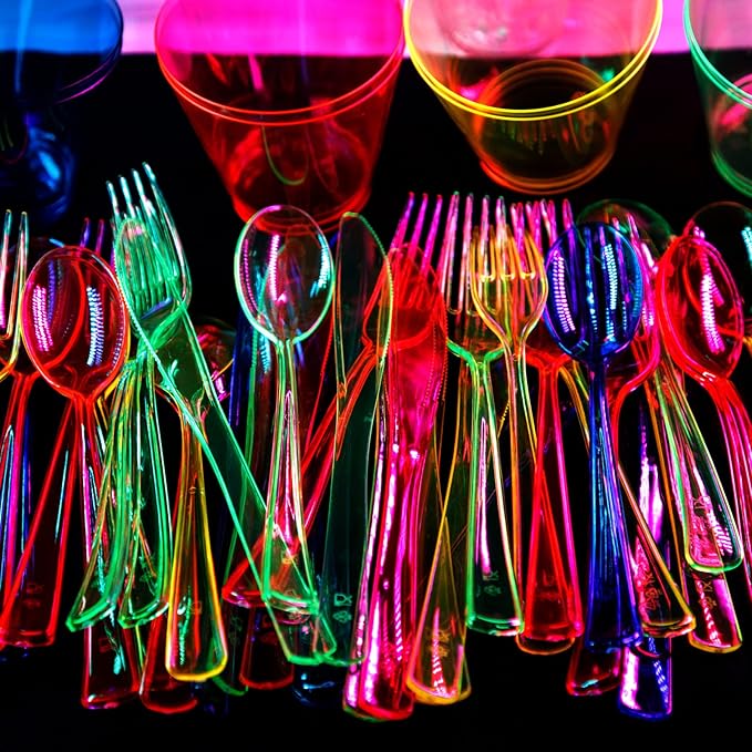 Supernal 216pcs Plastic Dinnerware Set include Rainbow Disposable Plates for Party Heavy Duty,Colorful Disposable Cups,Plastic Silveware in Neon Pink,Blue,Green,Yellow, Pefect for Birthdays