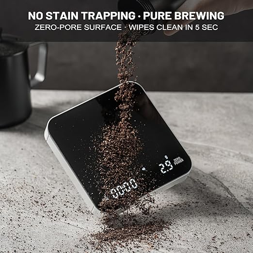 KitchenTour CaféMetric Coffee Scale with timer 0.1g/2000g - Precision Scale for Espresso & Pour over - Water flow Speed Mode and Coffee powder-to-liquid ratio Mode - Rechargeable, LED Display - Silver