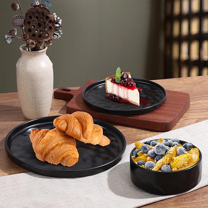 LIANYU Dinnerware Dishes Sets for 4, 12 Piece Stoneware Dinner Plates and Bowls Set, Ceramic Dinning Dishware Includes Salad Plate, Cereal Bowls, Chip Resistant & Dishwasher Safe, Obsidian Matte Black