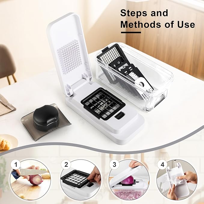Vegetable Chopper, Professional Food Chopper & Mandoline Slicer with 7 Blades and 900mL Container, Kitchen Gadgets & Home Essentials (White)