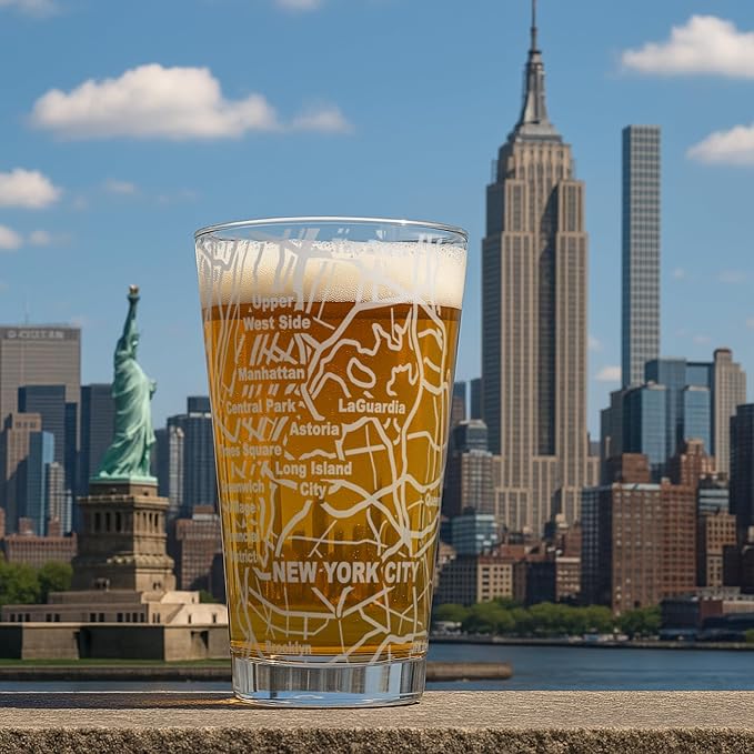 Greenline Goods – New York, NY Map Pint Beer Glasses (Set of 2), 16 oz – Etched Wrap Design