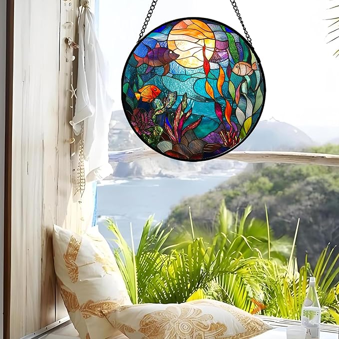 Stained Glass Window Hanging - Blue Ocean World Small Fish Coral Sun Catcher for Door Garden Home Decor Sea Suncatcher Christmas Mother's Day Birthday Gifts for Women Men Mom Nana 9.8 in
