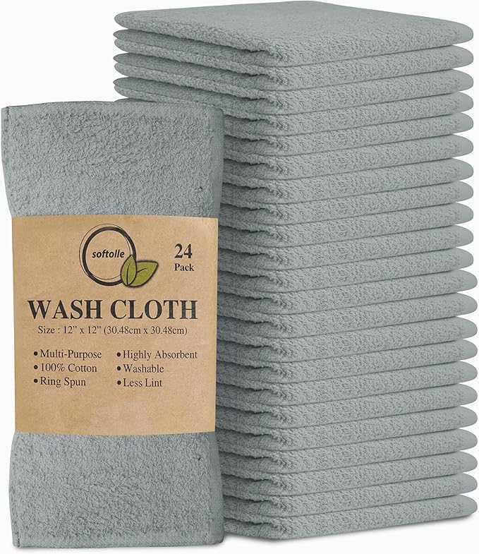 Softolle 100% Cotton Washcloths 24 Pack (12x12 Inches) Soft, Highly Absorbent Washcloth, Face Towels, Wash Cloths for Face, Ring Spun, Bulk Pack (Silver Grey)