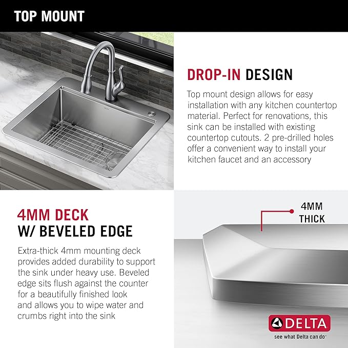 DELTA FAUCET 95A932-25S-SS Lorelai Workstation Kitchen Sink Drop-in Top Mount Stainless Steel Single Bowl with WorkFlow Ledge and Chef’s Kit of 5 Accessories