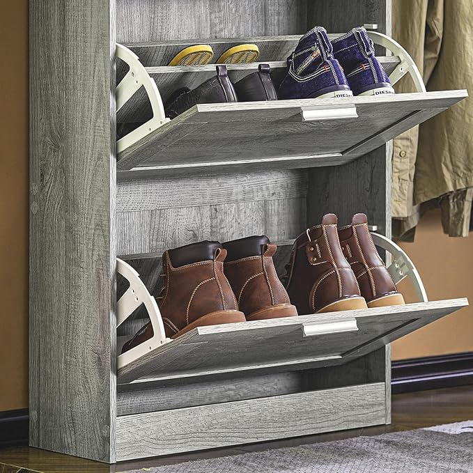 Shoe Cabinet for Entryway, 3-Tier Flip Drawer Narrow Shoe Storage Cabinet with Divider, Tall Slim Shoe Organizer for Small Spaces, Slim Shoe Rack Freestanding, Gray, HUS-FSR137-L