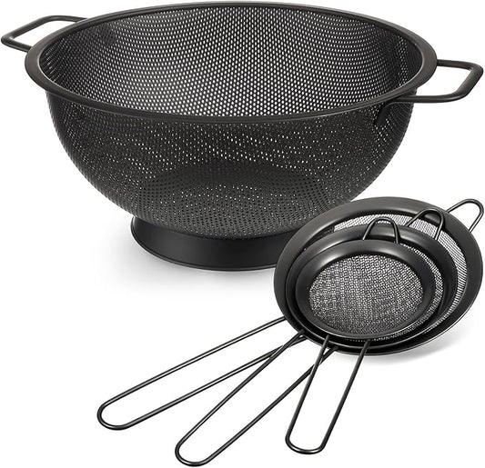Norme 4 Quart Stainless Steel Black Colander and 3 Pcs Black Fine Mesh Strainer, Stainless Steel Pasta Rice Food Metal Strainer with Handles, Easy Clean and Dishwasher Safe