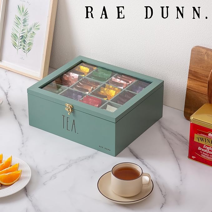Rae Dunn Tea Bag Organizer - Tea Box Divided Storage Container Box with Hinge Lid for Kitchen Cabinet, Countertop, Pantry, Hold Coffee Pods, Seasoning Packets, Condiments, Sage
