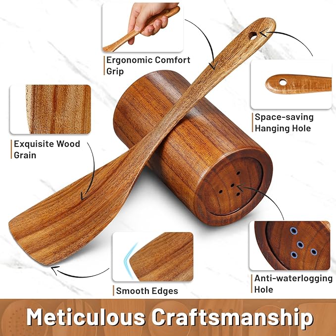Pleafind Natural Teak Wooden Utensil Set - 9 Pcs, Wooden Spoons for Cooking, Wooden Cooking Utensils Set with Holder ＆ Spoon Rest, Soft Comfort-Grip Wood Kitchen Utensil Set for Non-Stick Cookware