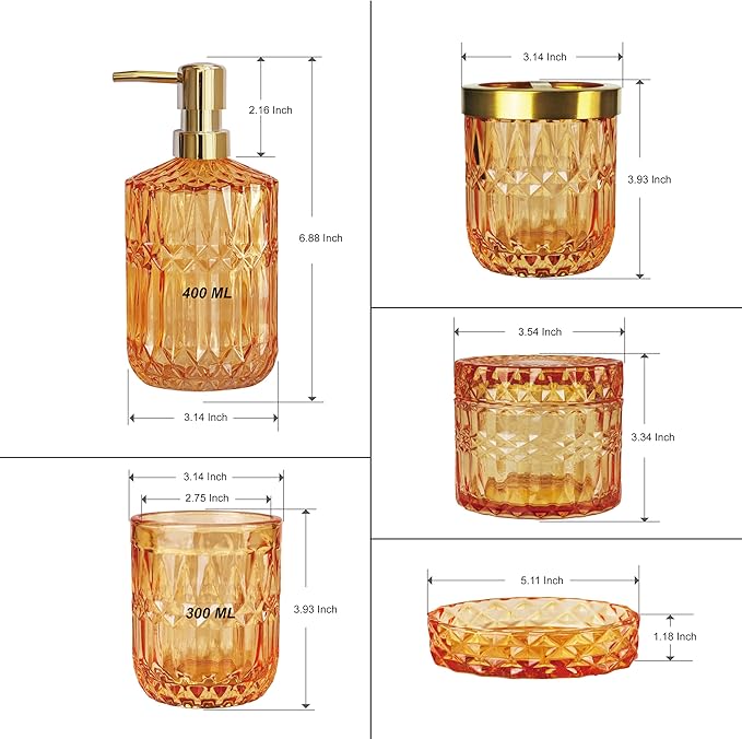 Orange Bathroom Accessories Set, 5Pcs Clear Glass Bathroom Set Accessories, Lotion Soap Dispenser, Soap Dish, Tumbler, Toothbrush Holder Set, Qtips Holder for Crystal Vintage Bathroom Decor,