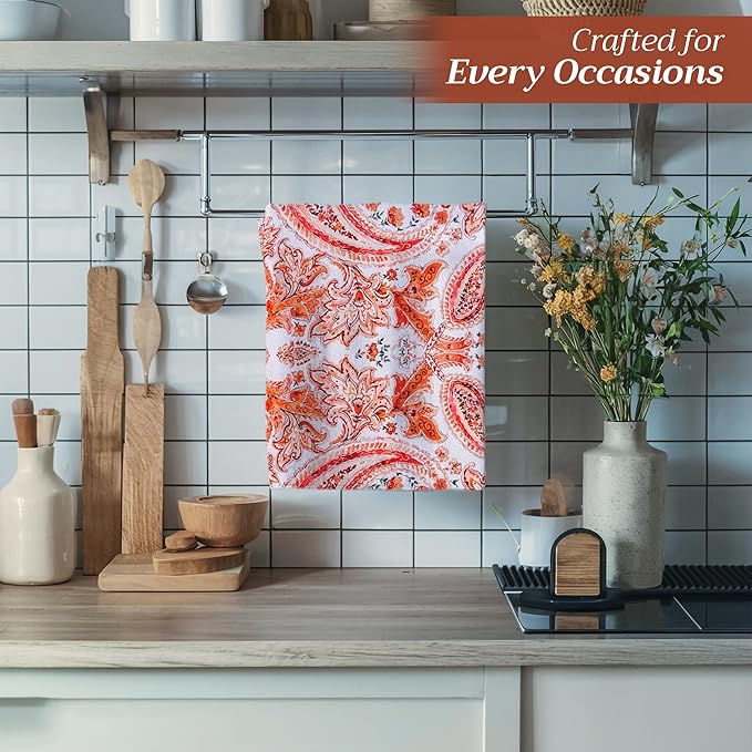 Maison d' Hermine Kitchen Towels Set of 3 100% Cotton 20" x 27.5" Reusable Cloth Tea Dish Towels Absorbent with Hanging Loop for Kitchen Dining Thanksgiving Christmas Decorations (Orient)