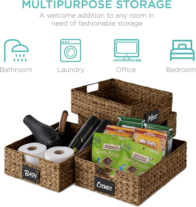 Best Choice Products Set of 4 16x12in Large Water Hyacinth Pantry Baskets, Woven Organizers w/Chalkboard Label, Chalk Marker - Chestnut