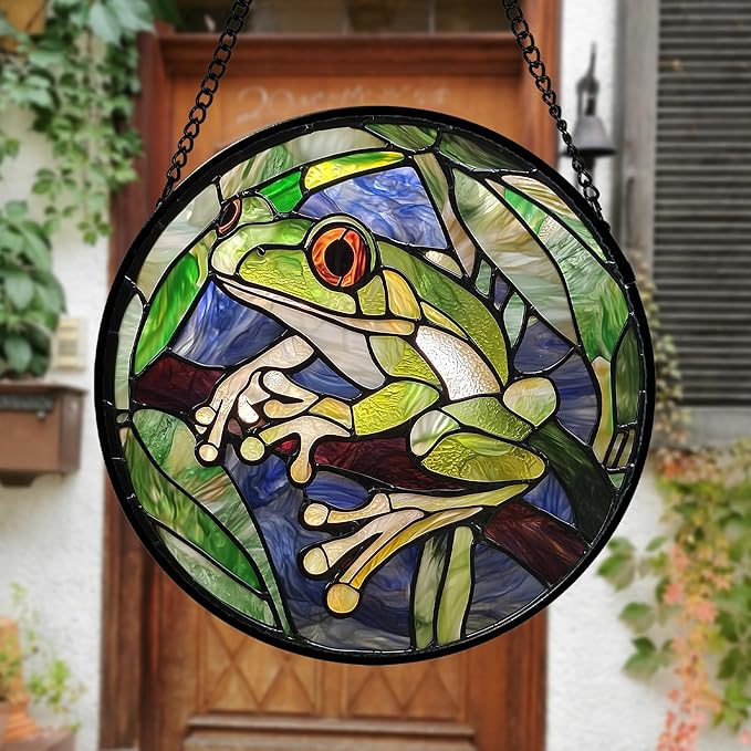 Stained Glass Window Hanging, Teal Frog Sun Catcher for Door Home Decor Green Suncatcher Christmas Mother's Day Birthday Gifts for Women Men Mom and Nana 9.8 in