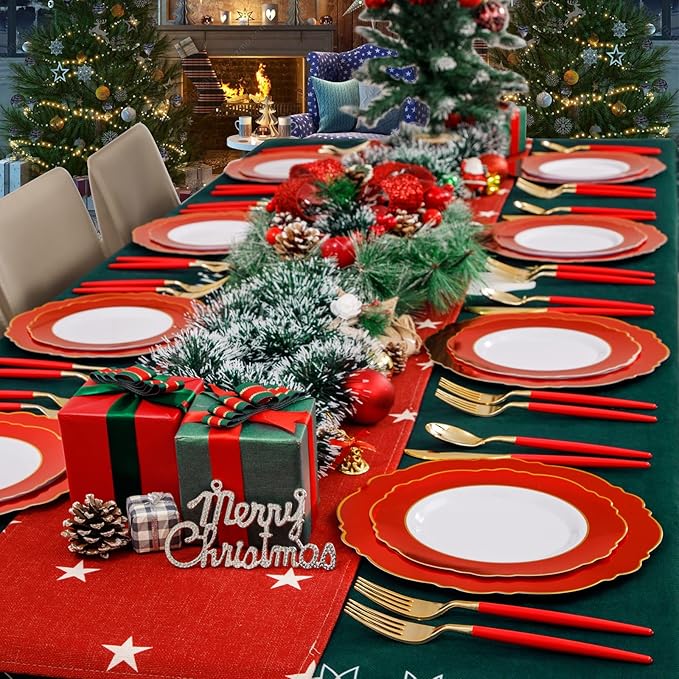 WDF 30Guest Red Christmas Plates - Gold Plastic Silverware With Red Handle - Christmas Plates Disposable- Baroque Plastic Dinnerware for Party