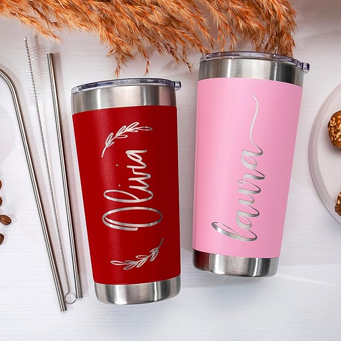 Personalized Tumblers, Stainless Steel 20 oz Tumbler w/Lid |13 Different Designs| Personalized Cups Double Walled Insulated Coffee Cup for Travel - Hot Pink