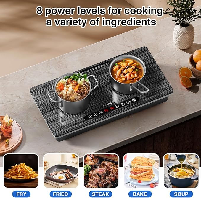 Double Induction Cooktop, 1800W Portable Electric Stove, 18 Inch Sensor Touch Electric Cooker Hot Plate, 5.91" Heating Coil, Child Lock, 8 Power Levels, 110v Outlet Plug with Glass Surface
