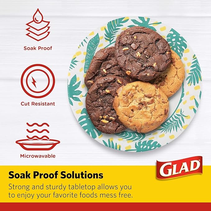 Glad Round Disposable Paper Plates, Palm Leaves Pattern - Strong, Sturdy, Soak Proof, and Microwavable Decorative Plates for Dinner and Everyday Use, 10 Inch, 50 Count - 2 Pack