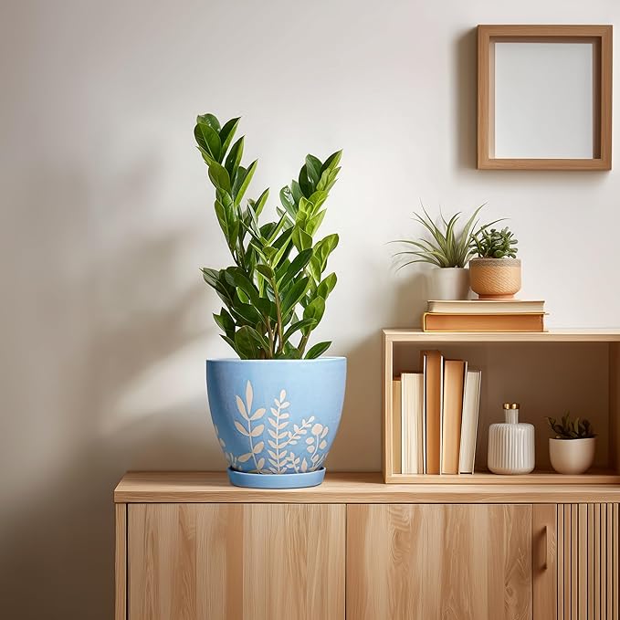 8 Inch Ceramic Plant Pot with Drainage and Saucer - Round Flower Pot for Indoor Outdoor Plants, Round Planter, Desk Office Room Home Decor, Gifts for Plant Lovers, Blue