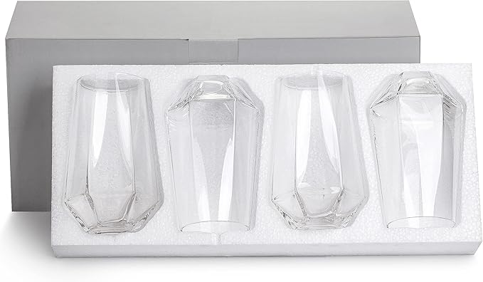 Large Beer Mugs, Hexagon Glass 4 Piece Set, Drinking Mug Bulk for Beer, Soda, Ice Coffee, Smoothies, Cocktails