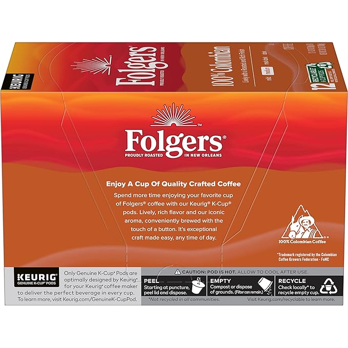 Folgers 100% Colombian Medium Roast Coffee, 12 Keurig K-Cup Pods (Pack of 2)