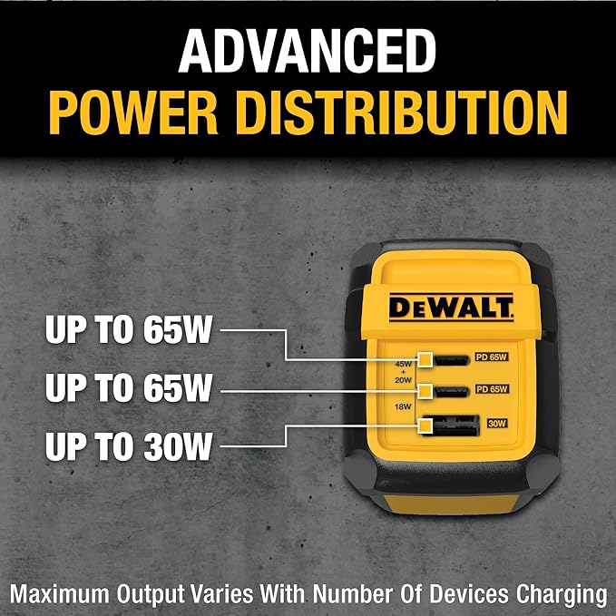 DEWALT Heavy Duty 3 Port Dual USB C Charger Block, USB C Power Adapter GaN Charger (65W), PPS 3-Port Fast Compact Foldable for MacBook Pro/Air iPad Pro Galaxy S23 Dell XPS 13 iPhone 17/16/15