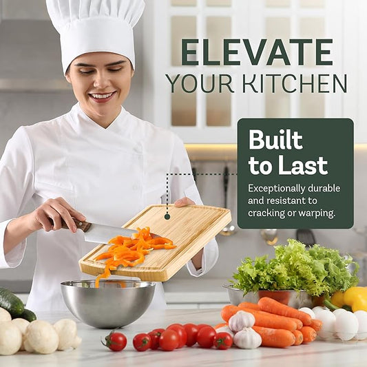 Wood Cutting Boards for Kitchen - Bamboo Cutting Board Set with Deep Juice Groove & Side Handles - Carving Chopping Board Butcher Block for Meat, Vegetables, Charcuterie, Cheese, Serving, or Meal Prep