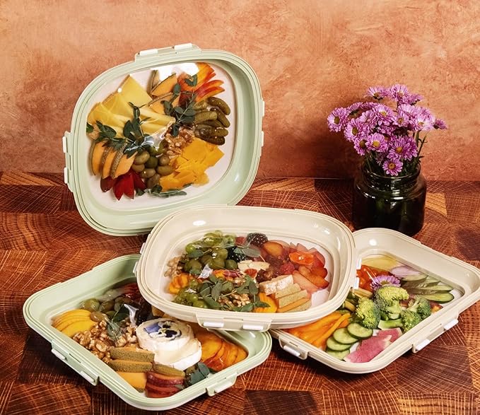 Crudités | Portable Snack Tray | Rectangle 2-Pack | Sage Green | Reversible Stretch Lid Food Containers | BPA-Free, Freezer & Dishwasher Safe | Meal-Prep, Charcuterie, Salads, Picnic, Travel