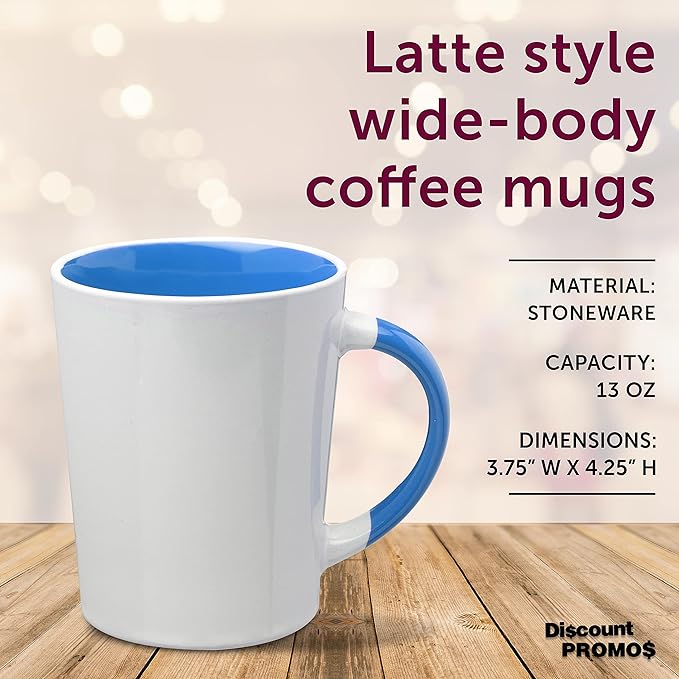 DISCOUNT PROMOS Ceramic Latte Coffee Mugs by Albany 13 oz. Set of 10, Bulk Pack - Perfect for Coffee, Tea, Espresso, Hot Cocoa, Other Beverages - Process Blue