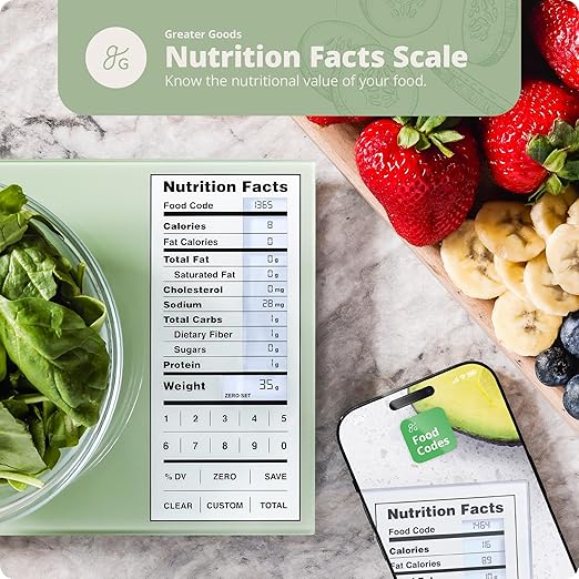 Greater Goods Digital Nutrition Scale – Accurate Macro and Calorie Tracking for Meal Prep, Weight Loss, and Healthy Eating | 2,000 Built-in Foods, Intuitive Nutrition Label Display, 11lb Cap, Green