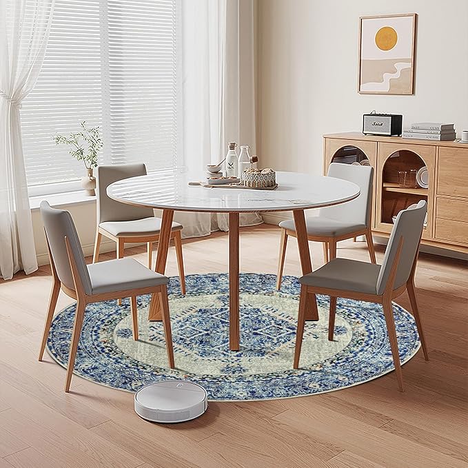 Easy-Going Round Rug 5ft Area Rug Washable Boho Circle Rugs for Living Room Non-Slip Bedroom Rug Low Pile Lightweight Medallion Distressed Throw Rug for Dining Room Kitchen Office, Vintage Blue Cream