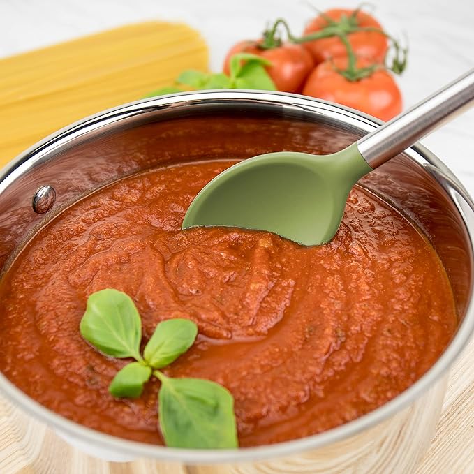 Tovolo Silicone Cooking Utensil Set of 6 Pesto Green Ladle Slotted Turner Tongs Flex Core Spatula Scraper Mixing Spoon and Potato Masher, Dishwasher Safe Non Toxic BPA Free Silicone Kitchen Utensils