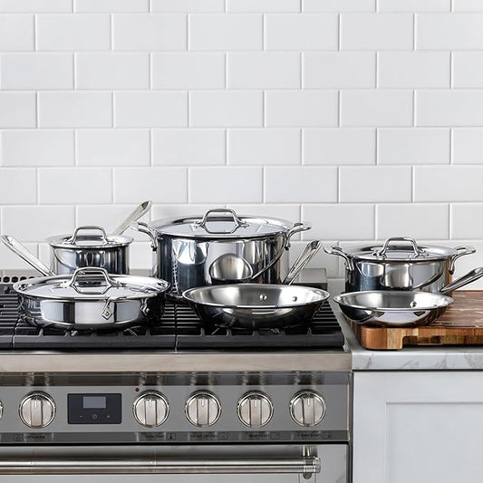 All-Clad D3 Stainless Steel Cookware Set - 10-Piece Pots and Pans Set, Induction, Oven Broiler Safe 600F - Includes Frying Pans, Saucepan, Sauté-Pan, Stockpot, Professional Cookware - Stainless Steel
