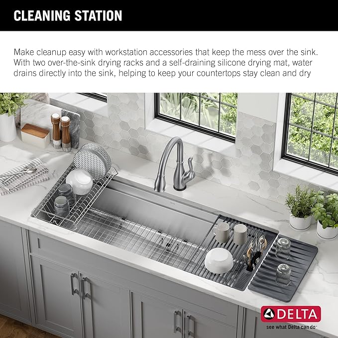 DELTA FAUCET Lorelai 45-inch Workstation Kitchen Sink Undermount 16 Gauge Stainless Steel Single Bowl with 2-Tier WorkFlow Ledge and Chef’s Kit of 11 Accessories, 95BA132-45S-SS